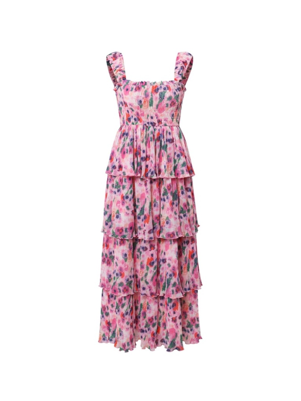 Smocked Ruffled Pink Floral Maxi Dress
